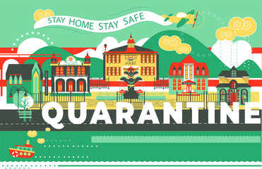 Cityscape city in quarantine flat illustration infographic banner town infrastructure icons design
