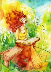 Illustratie die een waterverfportret van een starende vrouw afschildert.