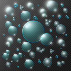 Realistic bubbles with sun reflection. Set isolated vector illustration.