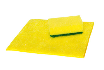 Cleaning yellow micro fiber cloth and cleaning sponge isolated o