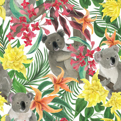 Watercolor painting seamless pattern with cute koala bears and tropical leaves, flowers © ramiia