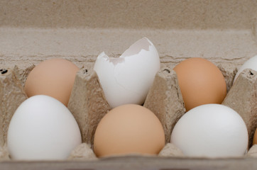 eggs and shells in cardboard package on a light background