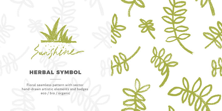 Vector organic food symbol with floral seamless pattern. Healthy eating icon. Vegan badge with hand-drawn leaves. Trendy sign for vegetarian logo, natural cosmetics, eco friendly label design. 