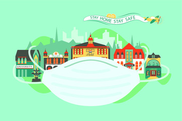 Cityscape city in quarantine flat illustration infographic banner town infrastructure icons design