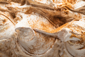 Cinnamon-honey flavour gelato - full frame detail. Close up of a white honey Ice cream with brown cinnamon powder on the surface