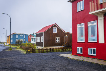 Wooden buildings on the main street of Eyrarbakki village, Iceland