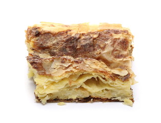 Cheese pie slice, savory pastry isolated on white background