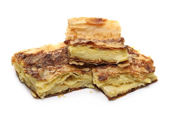 Cheese pie slices, savory pastry isolated on white background