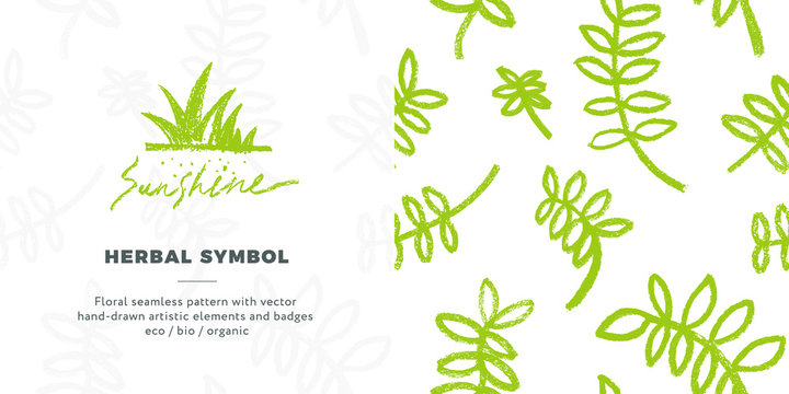 Vector organic food symbol with floral seamless pattern. Healthy eating icon. Vegan badge with hand-drawn leaves. Trendy sign for vegetarian logo, natural cosmetics, eco friendly label design.