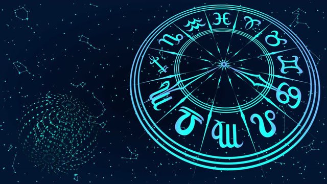 Round Frame with Zodiac Sign. Blue Horoscope Symbol. Panoramic Sky Map of Hemisphere. Colorful Constellations on Starry Night Background. Loop Seamless Stock Footage. 3D Graphic
