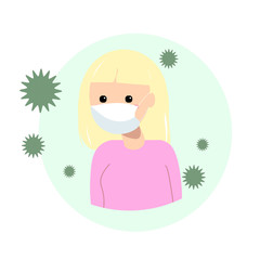 A young blonde girl in a medical mask against the corona virus. Illustration for a banner or flyer