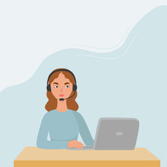 Contact us. Woman with headphones and microphone with computer. Concept illustration for support, assistance, call center. Vector illustration in flat style