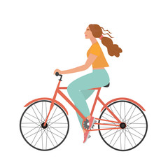 Fototapeta na wymiar Funny smiling girl, dressed in stylish clothes, riding a Bicycle . Cute happy young woman on a Bicycle. Charming female cyclist. Flat cartoon colorful vector illustration.