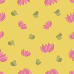 Fototapeta na wymiar Seamless texture with flower petals and leaves. Vector illustration of a cute pattern of pink and green petals on a yellow background. Suitable for wrapping paper