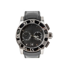 Stylish steel chronograph watch with a black dial, calendar and with a black leather strap, front view isolated on white background