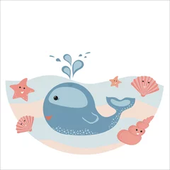 Poster Postcard with a cute whale and shells. Vector illustration for the design of a children's poster, children's print, avatar or greeting card © Надежда Филиппова