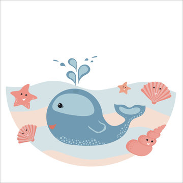 Postcard with a cute whale and shells. Vector illustration for the design of a children's poster, children's print, avatar or greeting card