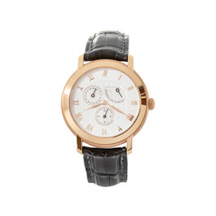 Luxury Rose Gold Watch Isolated on White. Classic Watch with Annual Calendar & Smooth Bezel. Front View Automatic Movement Wristwatch with black Leather Strap