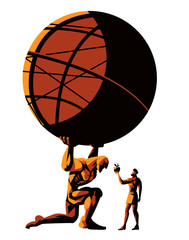 greek mythology titan atlas holding the globe and hercules hero stealing golden apple