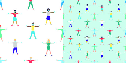 Fototapeta na wymiar Seamless pattern with with people of different nationalities and gender keeping social distance