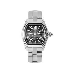 Classic silver watch with a black dial with a calendar and a steel strap, front view isolated on white background
