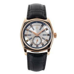 Luxury Rose Gold Watch Isolated on White. Classic Watch with Annual Calendar & Smooth Bezel. Front View Automatic Movement Wristwatch with black Leather Strap