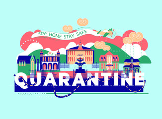 Fototapeta premium Cityscape city in quarantine flat illustration infographic banner town infrastructure icons design