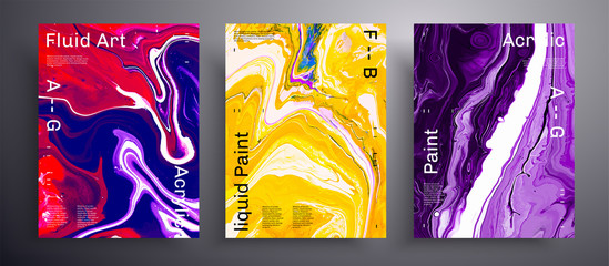 Abstract vector poster, texture pack of fluid art covers. Trendy background that applicable for design cover, poster, brochure and etc. Purple, red and yellow universal trendy painting backdrop