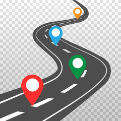 Curved road with white markings and color pin pointers. Road way location infographic template. Highway in aerial perspective. Vector illustration isolated on transparent background.	