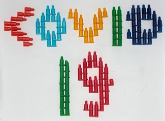colorful hand made of people with covid 19 text