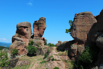 Belogradchik rocks formation against clear blue sky in summer
