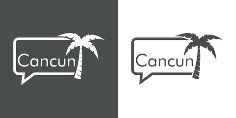 Destino de vacaciones. Logotipo con texto Cancun en globo de habla con palmera en fondo gris y fondo blanco