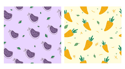 Set of patterns with vegetables. Vector illustration of carrots and eggplant.