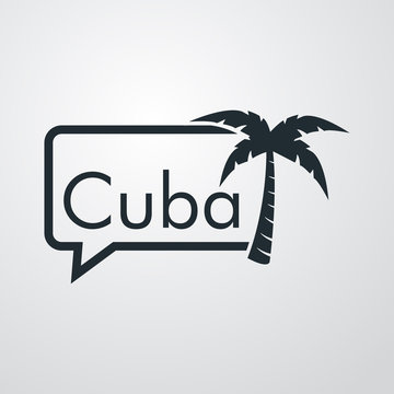 Destino de vacaciones. Logotipo con texto Cuba en globo de habla con palmera en fondo gris