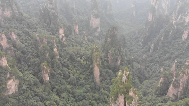 Aerial overhead shot of the "Avatar" movie mountains in Zhangjiajie Forest Park, China 