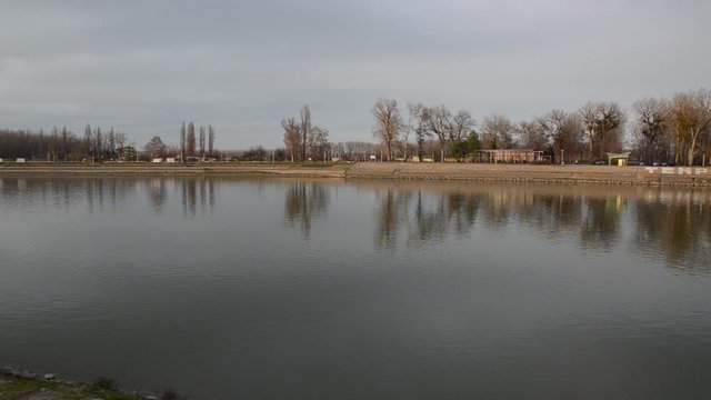 Drava river in Osijek, Croatia. Sunset on Drava river. Drau or Drave. 