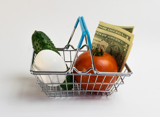 Products  and money in a supermarket basket on a white background