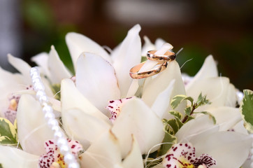 Wedding rings on the bride's bouquet