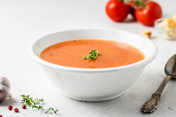 Spicy curry tomato soup. Selective focus, copy spce.