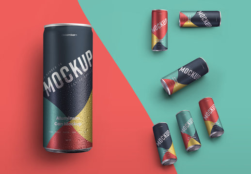 4 Aluminum Cans with Water Drops Mockup