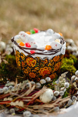 Easter bread and eggs with Easter Wreaths and chocolate eggs - orthodox Russian kulich