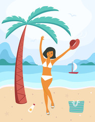 A woman in a swimsuit sunbathes. Girl jumping for joy on the sea or ocean. Beautiful girl relaxing under palm tree. Summer holiday or vacation. Flat vector stock illustration.