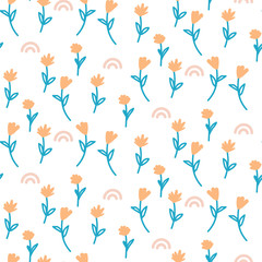 Vector seamless ditsy floral pattern. Blue orange flowers on white background.