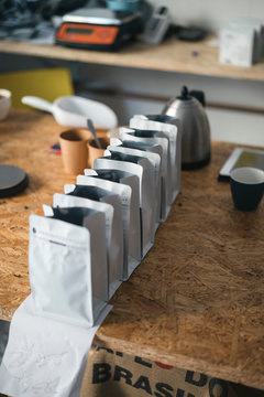 Row of sachets in a coffee roastery