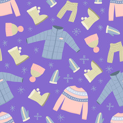 Cartoon Winter Warm Clothes Seamless Pattern Background. Vector