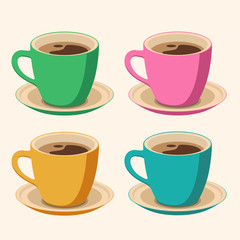 Set of 4 colored Coffee Cups on light background. Flat Style vector Illustration. Decorative Design for Cafeteria, Posters, Cards, Banners 