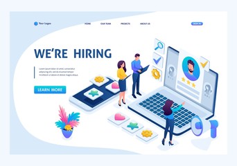 Isometric HR Manager, we hire employees to our company, business recruiting concept. Landing page concepts and web design