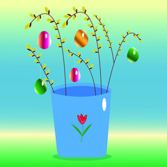 Willow in a vase with Easter eggs. Nice Easter ornament. Vector illustration.
