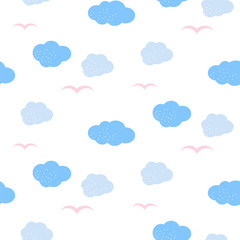 Cute seamless pattern with clouds, hearts and birds. Design for kids. Vector illustration