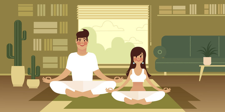 A Girl And Her Boyfriend Take A Yoga Break While Working From Home. Flat Graphic Vector Illustration.